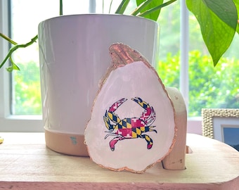 Gilded Oyster Shell Ring Dish: Maryland Flag Crab Ornament