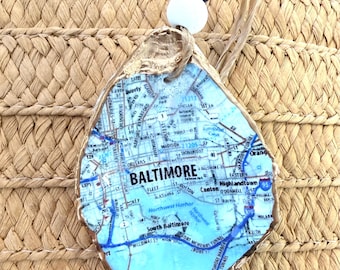 Hand-crafted Baltimore Map Oyster Shell Ornament, Gold Leaf Edging, Coastal Decor