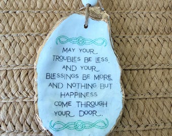 Hand-Painted Irish Blessing Oyster Shell Ornament, Gold Leaf Coastal Decor