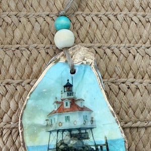 Oyster Shell Ornament, Thomas Point Lighthouse, Gold Edge Decoupage, Nautical Maryland Gift