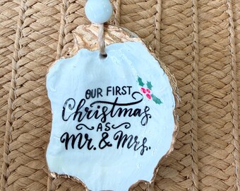 Hand-Painted Oyster Shell Ornament, Our First Christmas Mr. & Mrs., Coastal Decor