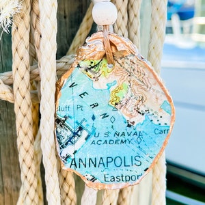 Naval Academy oyster shell ornament with vintage Annapolis map. Annapolis Maryland  Ring Dish, Magnet, Wine Charm. Commissioning Gift