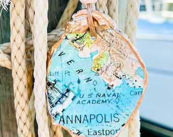 Annapolis Oyster Shell Ornament: Vintage Map Art, Naval Academy Gift
