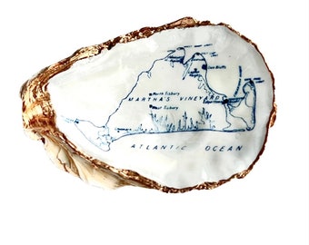 Handcrafted Martha's Vineyard Oyster Shell Ring Dish: Gold Gilded Map Ornament