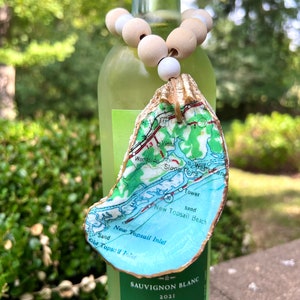 Vergoldete Austernmuschel mit Vintage Karte von Topsail Island | Goldauster | Verzierung | Wein Charm | Ring Schale | Magnet