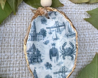 Annapolis Toile Oyster Shell Ornament | Blue and White Coastal Décor | Chesapeake Bay Nautical Gift | Hand-Gilded Oyster | Maryland Home