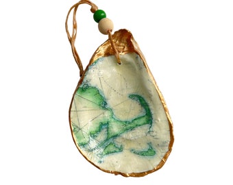 Gilded Oyster Shell Ornament - Vintage Cape Cod Map Art