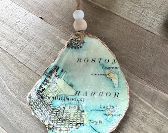 Boston Harbor Map -  Southie - South Boston Oyster Shell Ornament: Nautical Coastal Decor