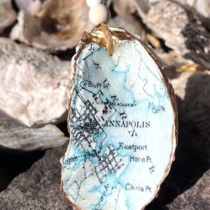 Carte vintage d'Annapolis Coquille d'huître dorée. Naval Academy USNA, Annapolis Maryland, ornement, porte-bagues, porte-bijoux, cadeau durable