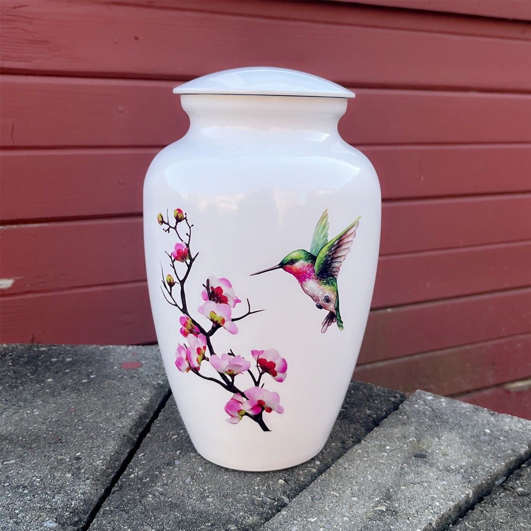 Adult Urn for Human Ashes, Hummingbird Cremation Urn, White Funeral Urn