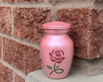 Rose Small Urn, Pink Mini Urn for Human Ashes or Pet Ashes, Cremation Keepsake Urn, With Velvet Bag