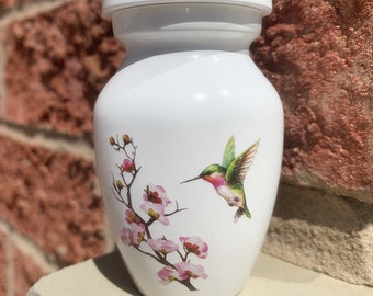 Hummingbird Small Urn, White Mini Urn for Human Ashes or Pet Ashes, Cremation Keepsake Urn, With Velvet Bag
