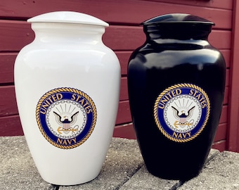 Navy Cremation Urn, Adult Military Funeral Urn, Large Memorial Urn with Velvet Bag, 200 Lbs Capacity, Black or White