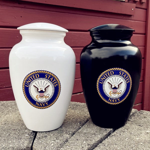 Navy Cremation Urn, Adult Military Funeral Urn, Large Memorial Urn with Velvet Bag, 200 Lbs Capacity, Black or White