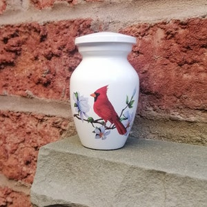 Red Cardinal Small Urn, White Mini Urn for Human Ashes or Pet Ashes, Cremation Keepsake Urn, Memorial Urn for ashes, With Velvet Bag