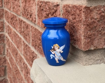 Angel Small Urn, Blue Mini Urn for Human Ashes or Pet Ashes, Cremation Keepsake Urn, With Velvet Bag