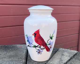 Adult Urn for Human Ashes, Red Cardinal Cremation Urn, White Funeral Urn, Large Memorial Urn with Velvet Bag, 200 Lbs Capacity