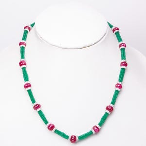 Handmade Chatham Ruby Melon Bead Necklace, Green Quartz Loose Beads Necklace, Beaded Jewelry, SKU2548