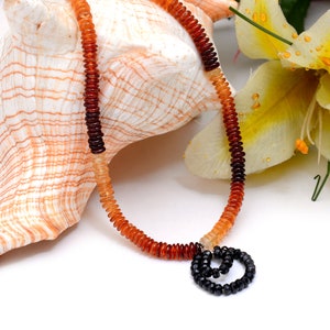 Variegated Pendant Necklace With Hessonite Garnet And Black Spinel Beads Necklace, Faceted And Smooth Rondelle Shape Fancy Necklace, NK020