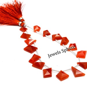 May include: A strand of carnelian gemstone beads in a faceted, kite shape. The beads are strung on a silver wire and have a tassel at the end. The beads are a deep orange colour and are polished to a high shine. The strand is approximately 18 inches long. "Jewels Sphere" is printed on the white background.