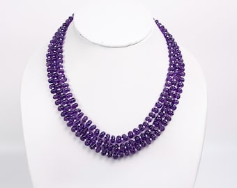 Natural Amethyst Melon Beaded Necklace, 6 - 8 mm, Purple Three Strand Necklace, Women Jewellery, SKU2561