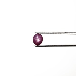 May include: A close-up of a deep pink star ruby gemstone held in tweezers. The ruby is round and has a star-shaped pattern.