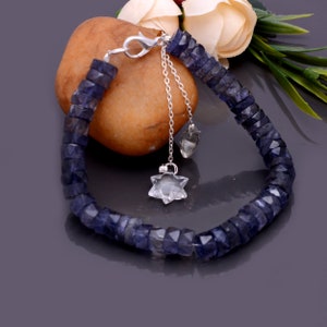 Natural Faceted Iolite Beaded Bracelet with Crystal Quartz Star Shape Stone, (NK061)
