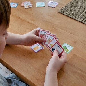 May include: A child is holding a stack of colorful cards with pictures of different fruits and vegetables. The cards have red borders and white text. The text on the cards includes "Strawberries", "Cantaloupe", "Chicken Nuggets", "Blackberries", and "Lettuce".
