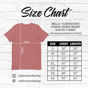 May include: Size chart for a Bella + Canvas 3001 unisex jersey short sleeve t-shirt. The chart shows chest and length measurements in inches for sizes S through 4X.