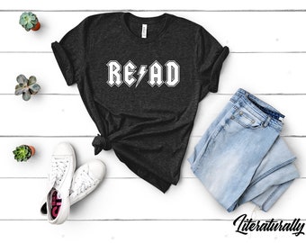 Shirt READ Bookish Apparel ACDC Style Reading T-Shirt Bibliophile Merch Gift for Reader T Shirt Printed Crew Neck Bookish Reading Tshirt