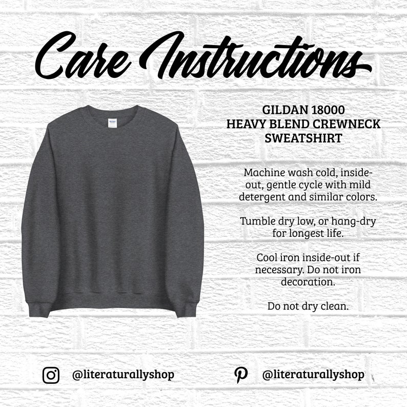 Puede incluir: Instrucciones de cuidado para una sudadera con cuello redondo de mezcla pesada Gildan 18000. Lavar a m&aacute;quina con agua fr&iacute;a, del rev&eacute;s, ciclo delicado con detergente suave y colores similares. Secar en secadora a baja temperatura o colgar para secar para una mayor duraci&oacute;n. Planchar a baja temperatura del rev&eacute;s si es necesario. No planchar la decoraci&oacute;n. No lavar en seco.