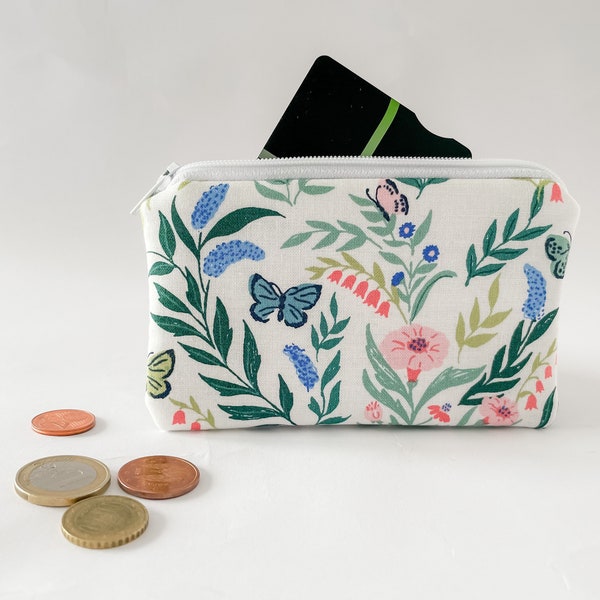 Fabric wallet with flowers and butterflies with zipper / Handmade wallet and purse