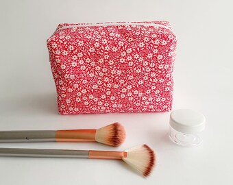 Red toiletry bag with white flowers to organize cosmetics and makeup / Small travel toiletry bag / Fabric dressing case