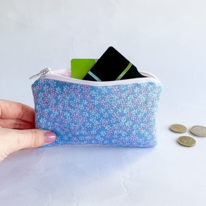 Tarjetero y monedero de tela azul con flores / Billetero con cremallera / Cartera de mujer