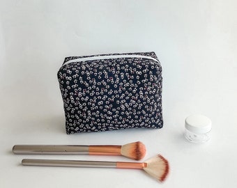 Neceser azul oscuro con estampado de flores / Neceser pequeño de viaje / Cosmetiquera