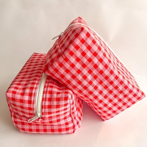 Handmade gingham pouch in red and pink checks