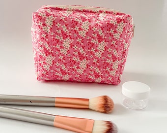 Pink fabric toiletry bag with flowers / gym bag /  travel bag