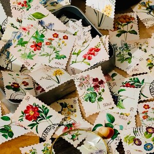 Set of 45 Flower Stamp Stickers, Botanical Stickers, Floral Stickers, Leaf Stickers, Scrapbook, Mixed Media, BUJO