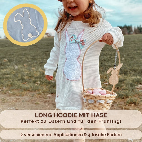 Long Hoodie aus Waffelstrick mit Hase | 4 verschiedene Farben und Styles | Kleid für den Frühling mit Häschen | Häschen aus Teddyfell