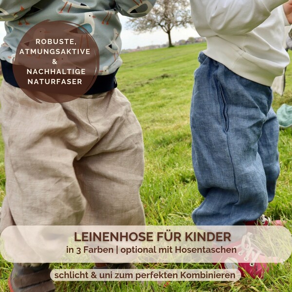 Leinenhose für Kinder | Unisex Kinderhose aus 100 % Leinen | mit Gummizug an Bauch & Beinen | opt. mit Hosentaschen | in 3 frischen Farben