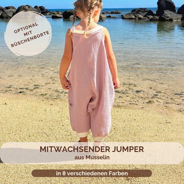 Jumper in 8 Farben aus Musselin | Mitwachsender Romper für Jungen & Mädchen | opt. mit Rüschenborte | Bequem und luftig | 100 % Baumwolle