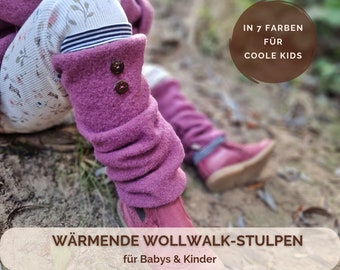 Wärmende Stulpen aus Wollwalk für Kinder | Perfekte Beinwärmer im Winter | in 7 Farben für coole Kids | mit Ringelbündchen & Kokosknöpfen