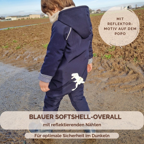 Blauer Softshell-Anzug mit Reißverschluss | Matschanzug mit reflektierendem Motiv | Outdoor Overall für Jungen & Mädchen | Ungefüttert