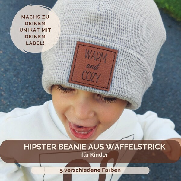 Beanie für Jungen & Mädchen | aus Waffelstrick in 5 Farben | gefütterte Mütze für Kinder im Hipster-Style | mit deinem persönlichen Label