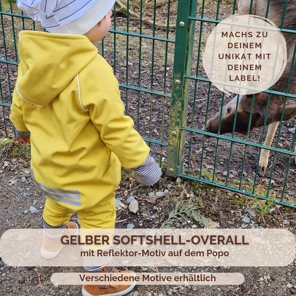 Gelber Softshell-Overall mit Reißverschluss | Ungefütterter Matschanzug mit reflektierenden Motiven für Kinder | Outdoor Regenkleidung
