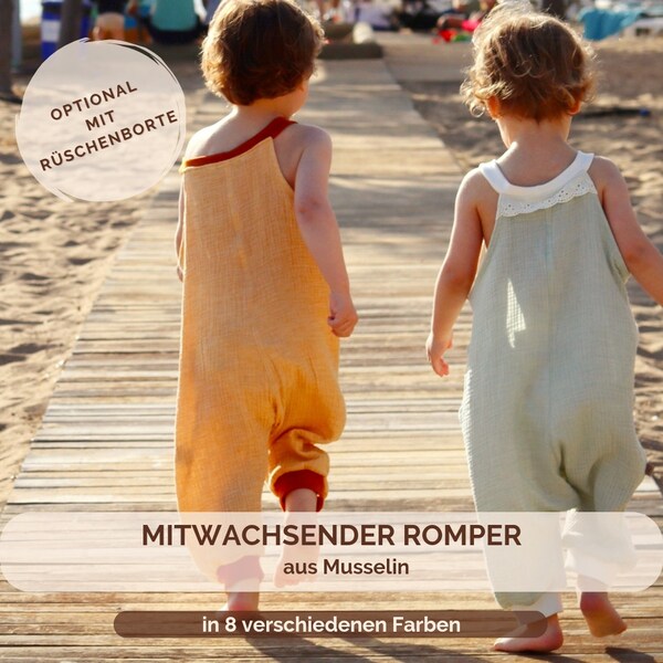 Romper aus Musselin für Kinder | Mitwachsender Jumper für Jungen & Mädchen | opt. mit Rüschenborte | in 8 verschiedenen Farben