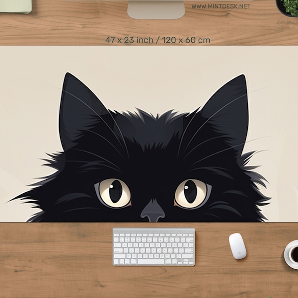 Black cat desk mat, minimal anime manga kawaii deskmat xxl, cat lover mouse pad xl, gaming aesthetic mousepad kitten extended laptop deskpad