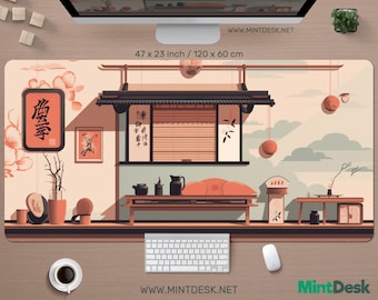 Japanese interior desk mat, minimal japan deskmat xxl, cozy beige mouse pad xl, gaming aesthetic mousepad, large extended playmat deskpad