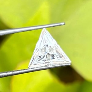 May include: A clear triangular gemstone held by tweezers against a green leafy background.