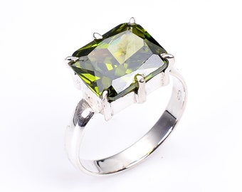 Silver ring Natural Cubic Zirconia Olive Green Color,Modern Ring Sterling,Silver,Wedding Ring,Octagon Shape CZ Stone in 13 colors,Prong Ring